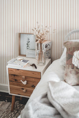 chic bedroom interior nightstand picture frame decor peach french stripes traditional wallpaper