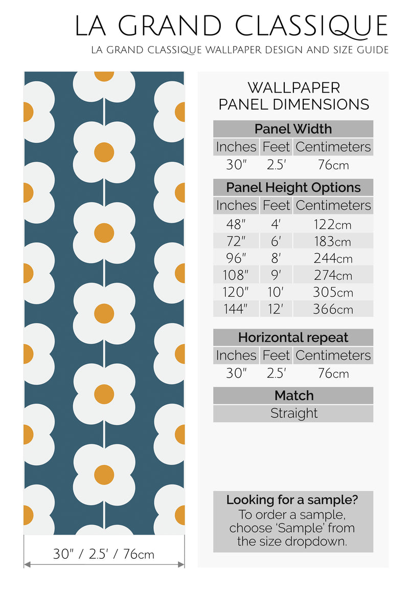 teal retro flower peel and stick wallpaper specifiation
