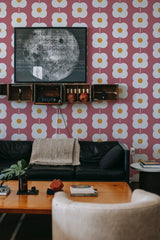 modern sophisticated living room leather sofa pink retro flower peel and stick removable wallpaper