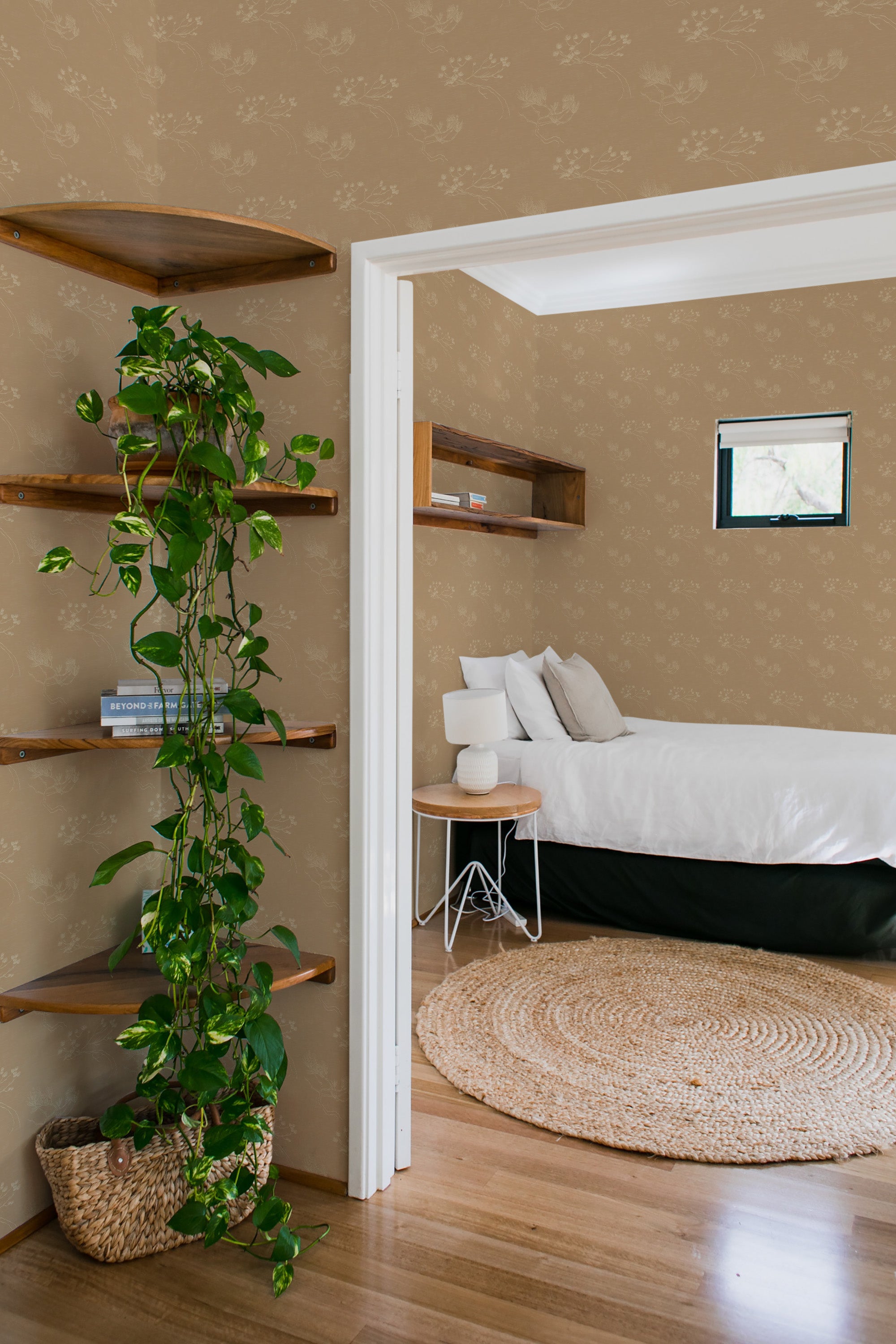 bedroom cozy interior green plants round carpet bonsai tree peel & stick wallpaper