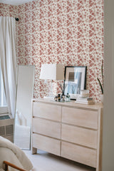         
peel and stick wallpaper burgundy floral toile accent wall bedroom dresser mirror minimalist interior