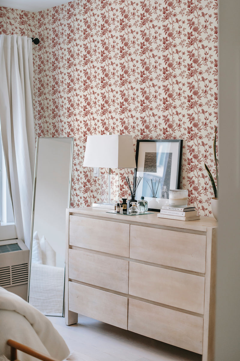         
peel and stick wallpaper burgundy floral toile accent wall bedroom dresser mirror minimalist interior