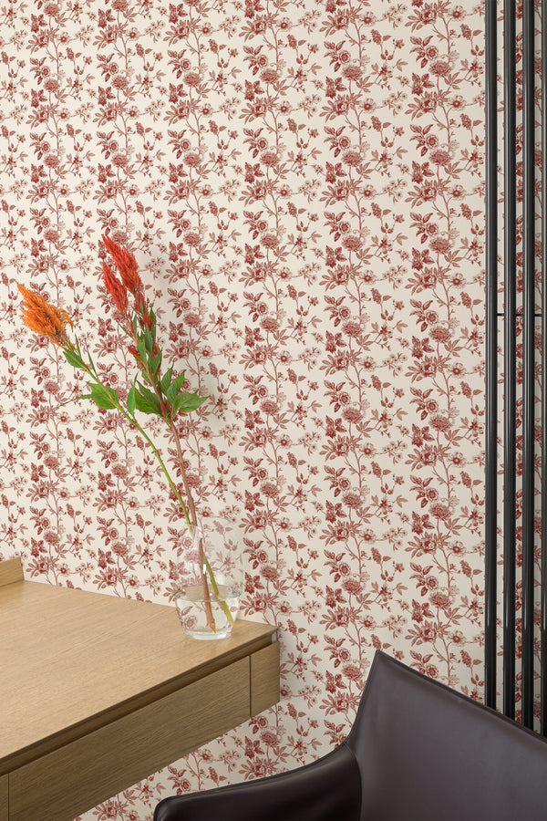 home office desk chair flower interior burgundy floral toile accent wall