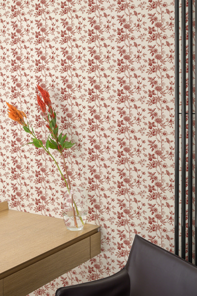 home office desk chair flower interior burgundy floral toile accent wall