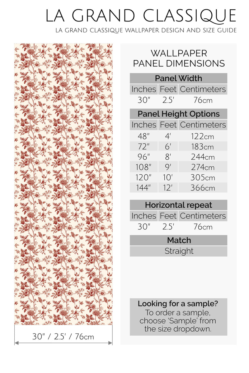 burgundy floral toile peel and stick wallpaper specifiation