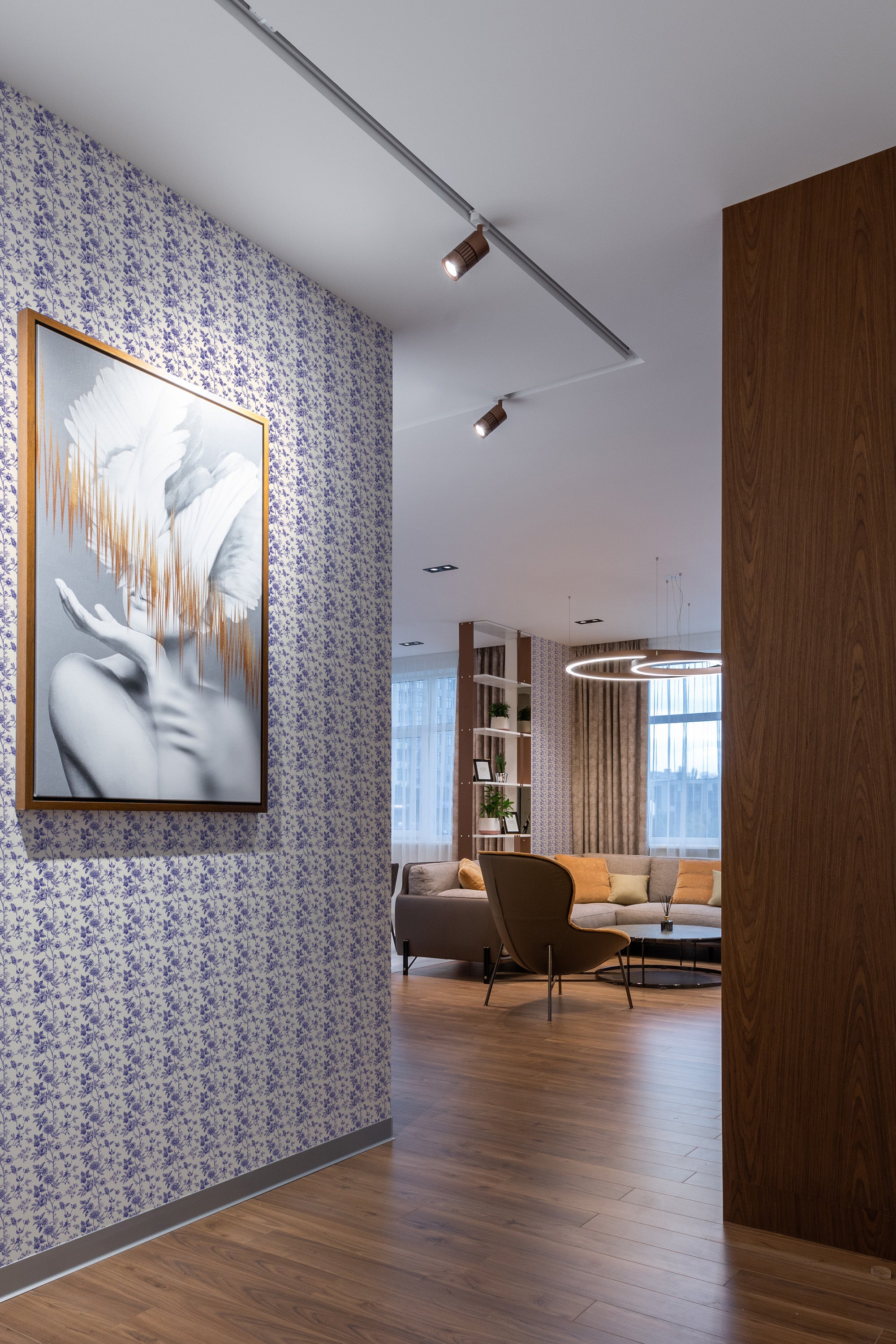 peel and stick removable wallpaper blue floral toile pattern modern contemporary apartment living room interior