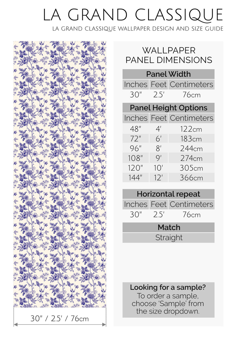 blue floral toile peel and stick wallpaper specifiation