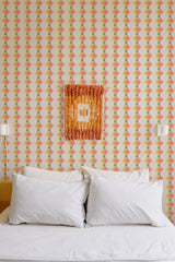 cozy bedroom pillows double bed wall decor retro geometric orange and beige removable wallpaper