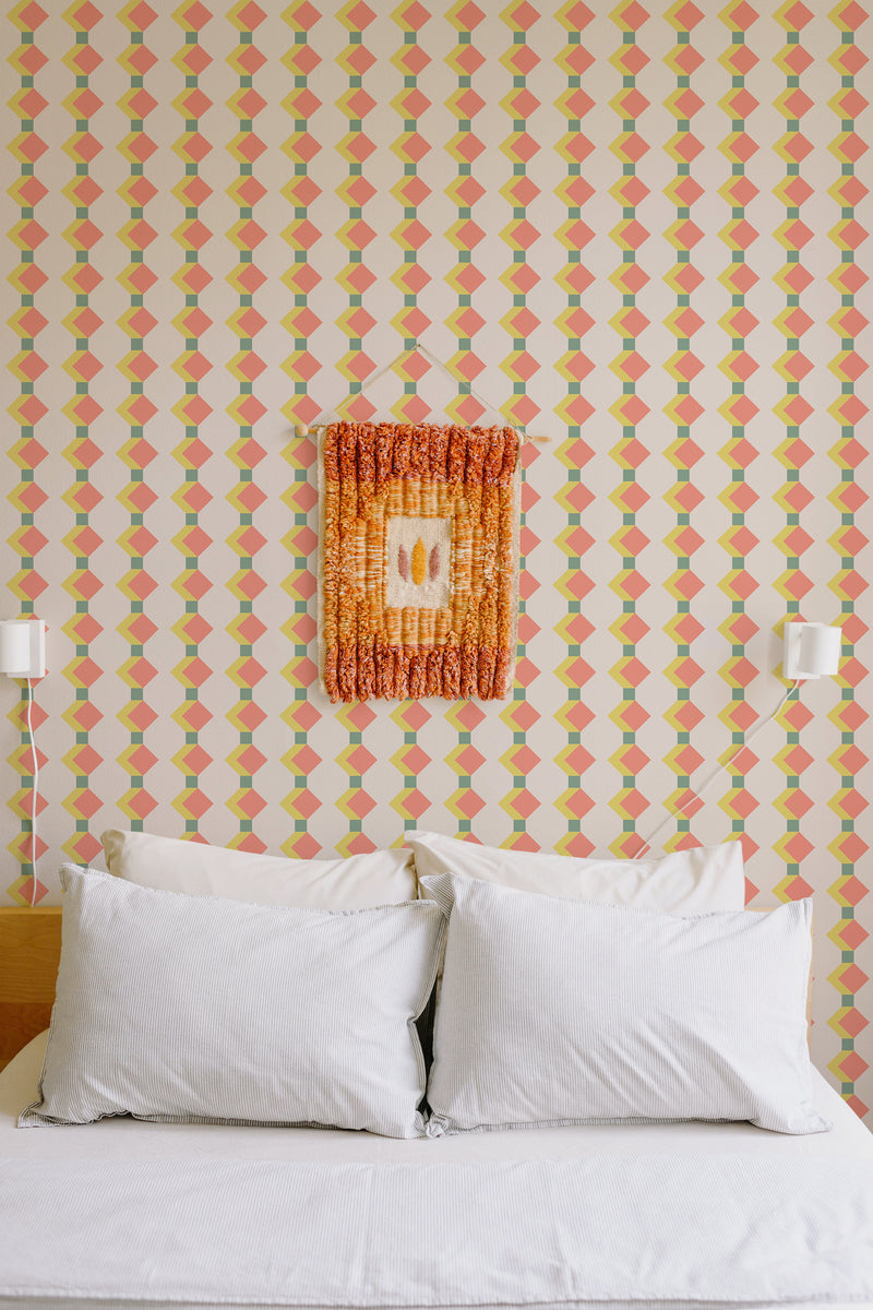 cozy bedroom pillows double bed wall decor retro geometric orange and beige removable wallpaper