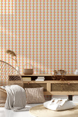 living room rattan furniture decorative plant retro geometric orange and beige wall decor