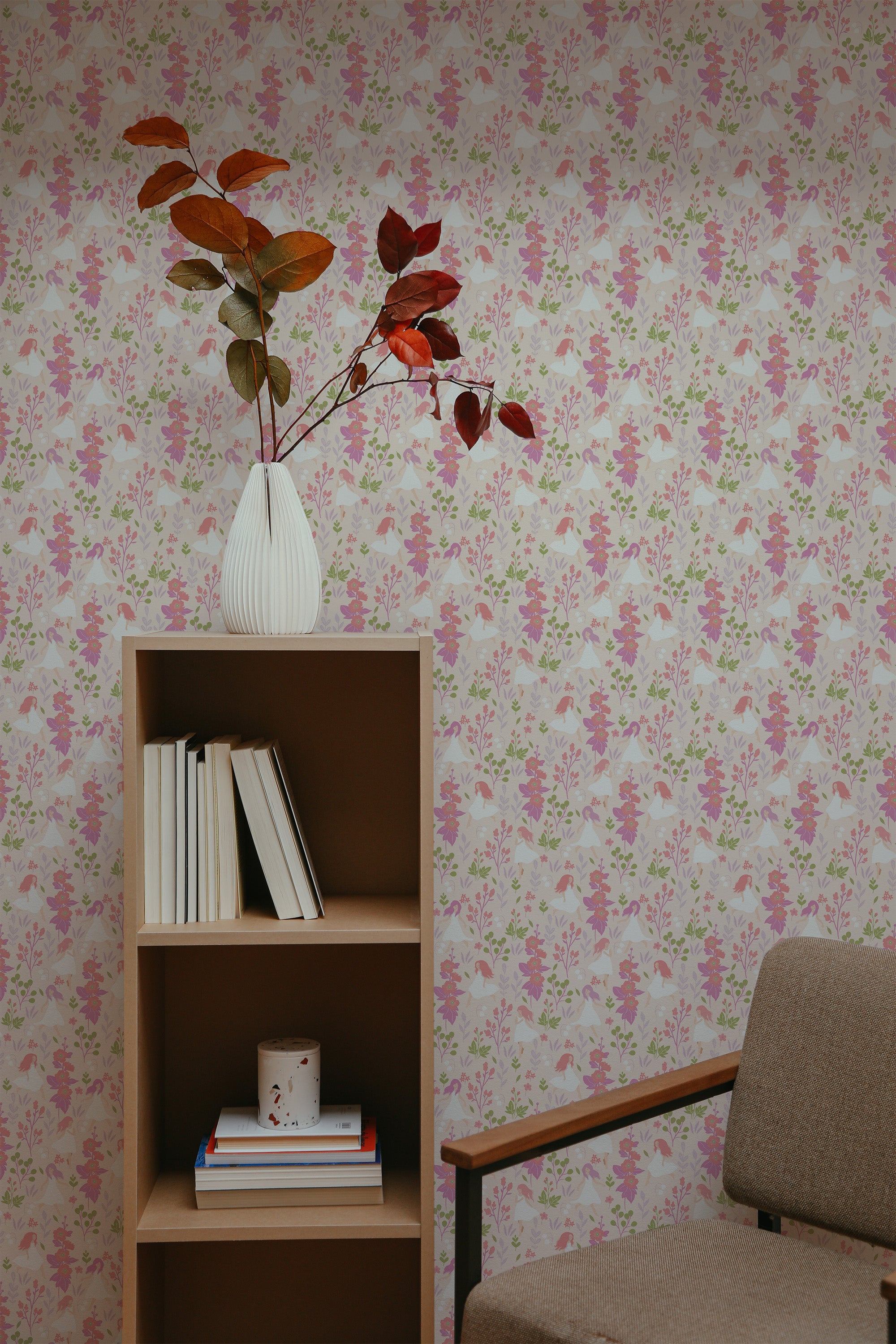 self-adhesive wallpaper woodland fairies girls room pattern bookshelf armchair decorative plant interior