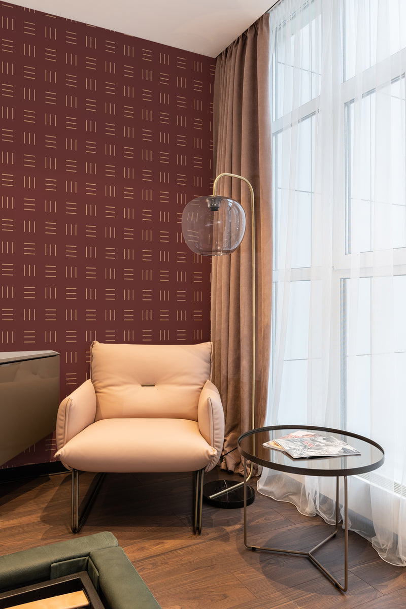 wallpaper stick and peel cozy lines pattern modern armchair lamp table reading area