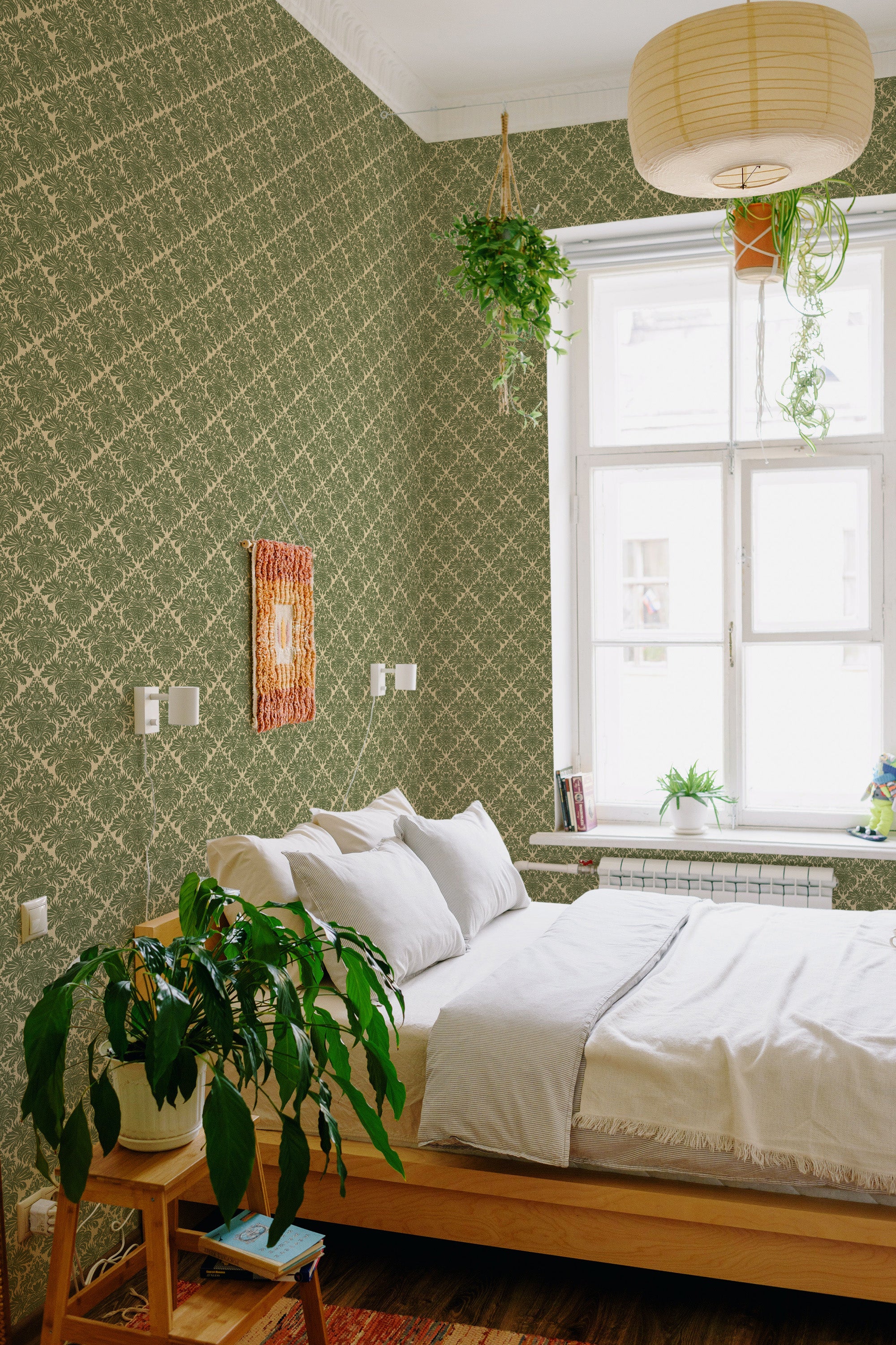 stick and peel wallpaper vintage green damask pattern bedroom boho wall decor green plants