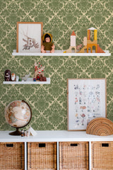 kids room toys pictures decor shelf boxes vintage green damask wallpaper for walls