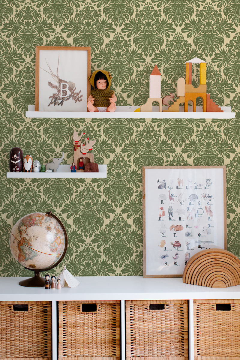 kids room toys pictures decor shelf boxes vintage green damask wallpaper for walls