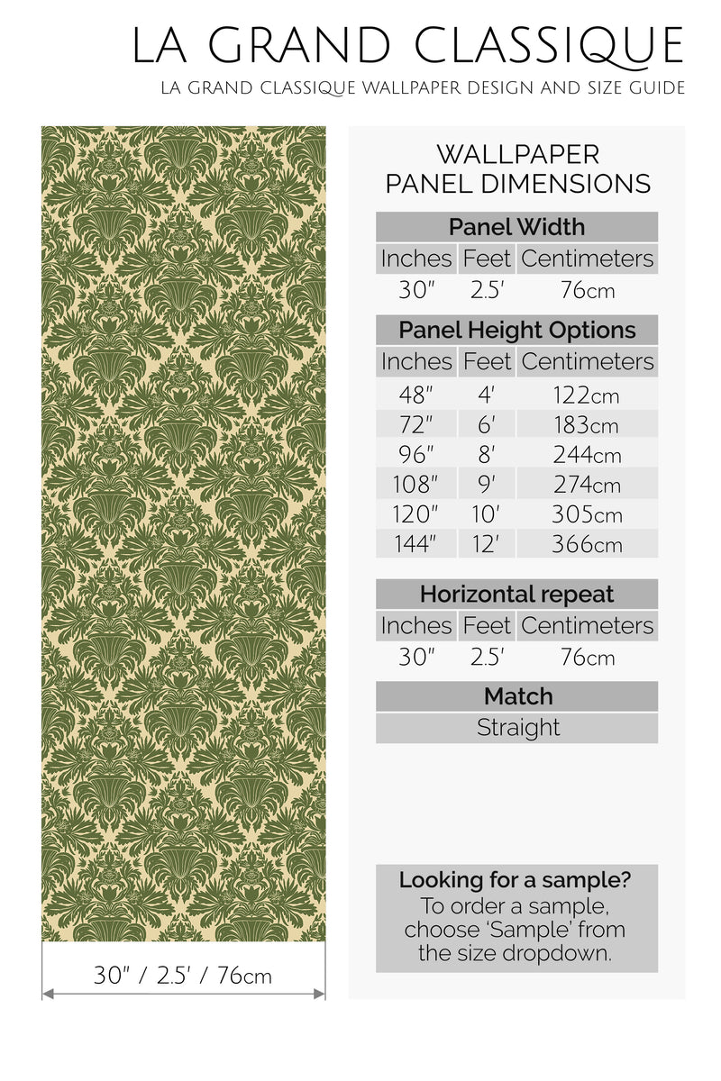 vintage green damask peel and stick wallpaper specifiation