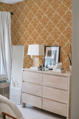         
peel and stick wallpaper vintage terracotta damask accent wall bedroom dresser mirror minimalist interior