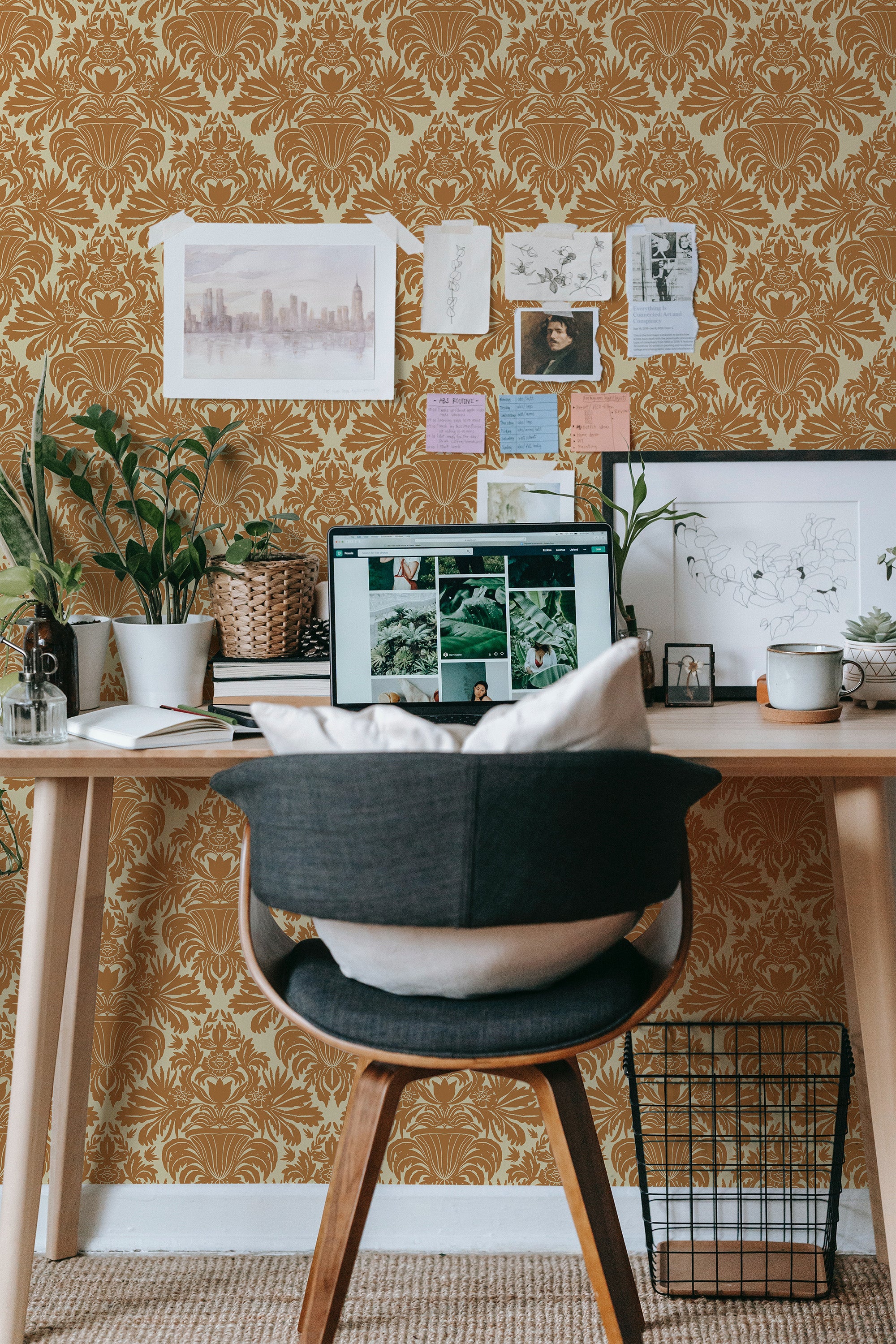 modern home office desk plants posters computer vintage terracotta damask stick on wallpaper