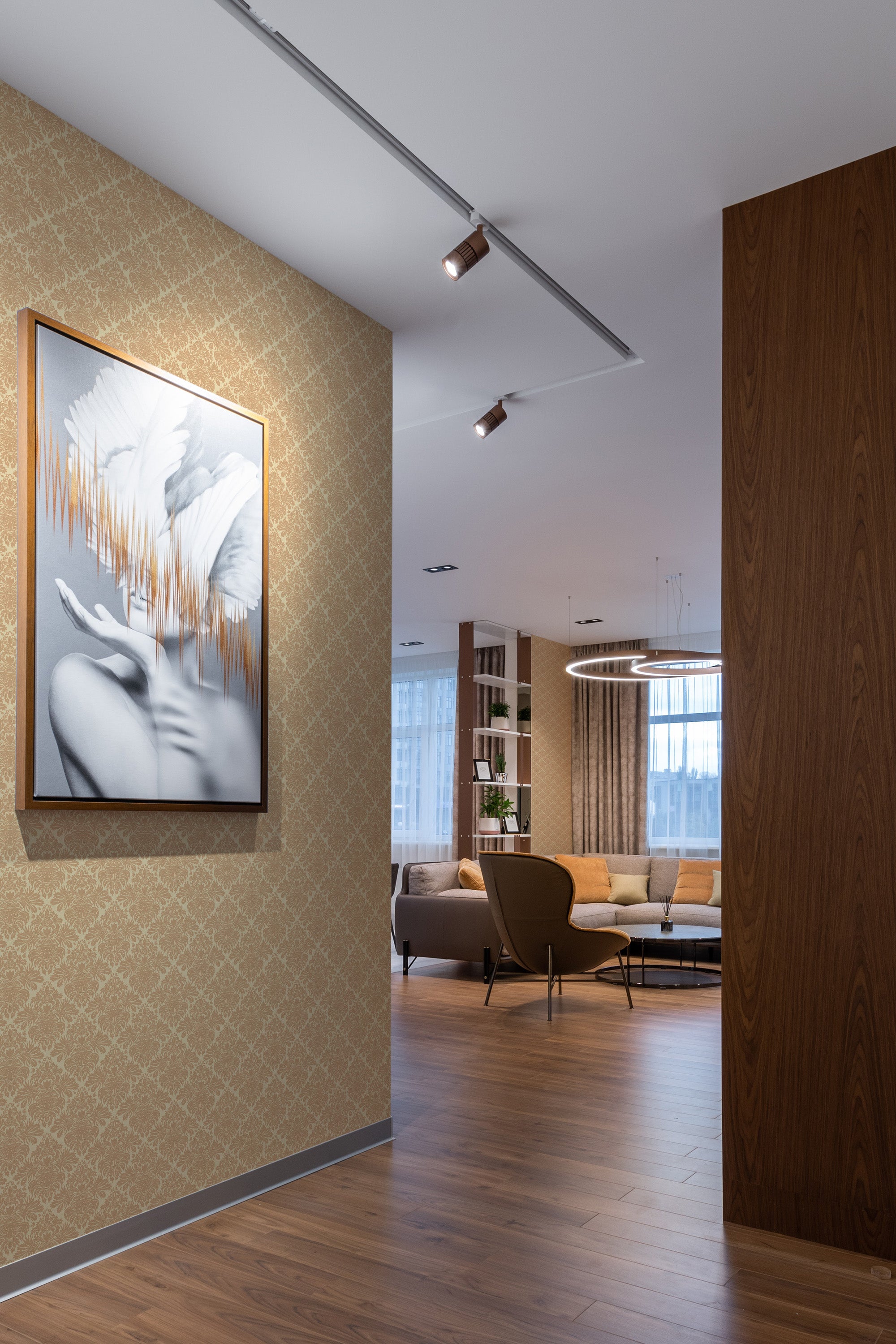 peel and stick removable wallpaper beige damask pattern modern contemporary apartment living room interior