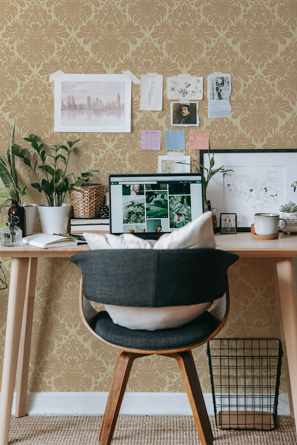 modern home office desk plants posters computer beige damask stick on wallpaper