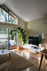 minimalist house terrace green plants living room cozy geometry stick and peel wallpaper