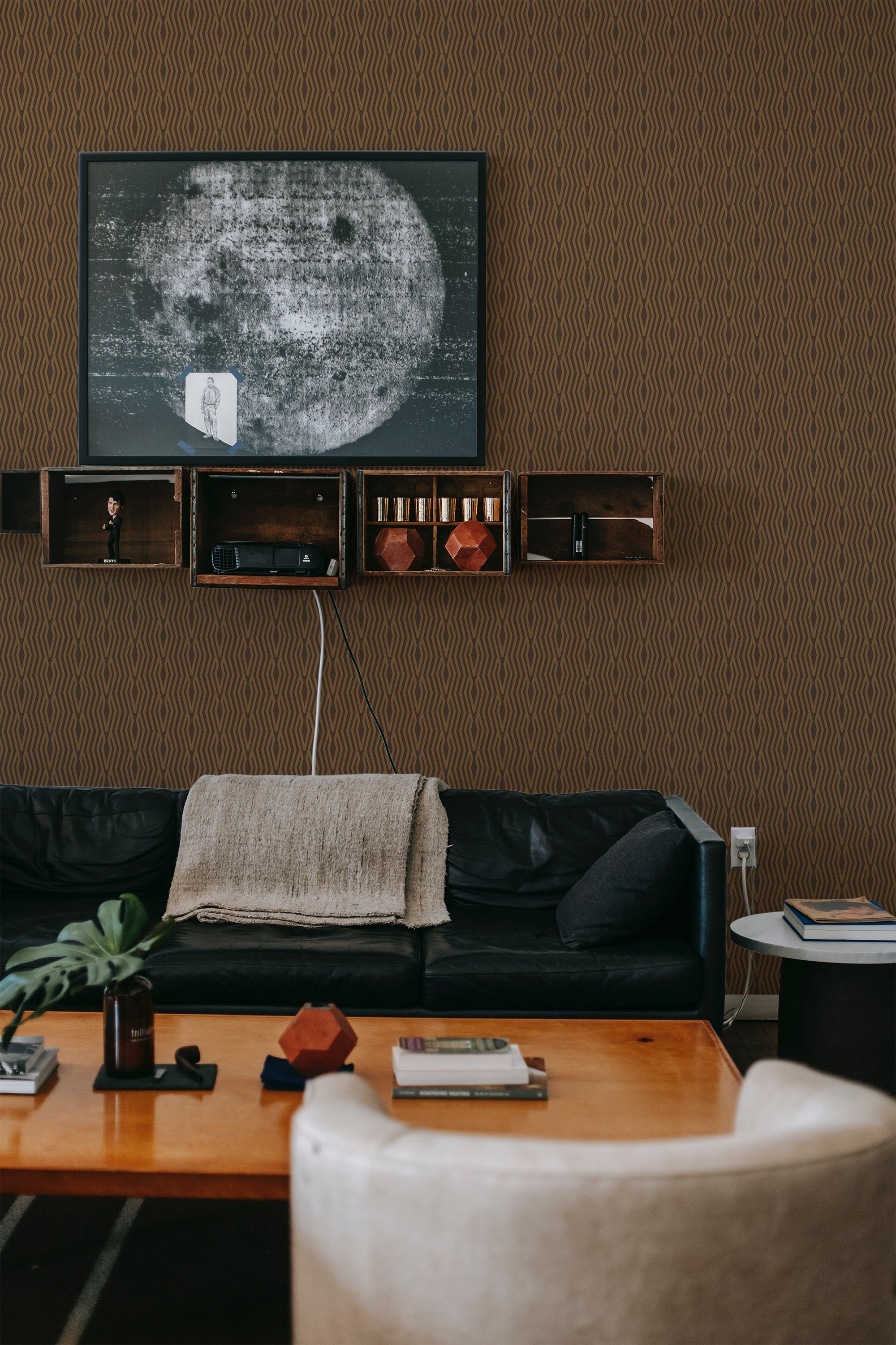 modern sophisticated living room leather sofa dark cozy geometry peel and stick removable wallpaper