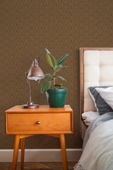stylish bedroom interior nightstand plant lamp dark cozy geometry accent wall