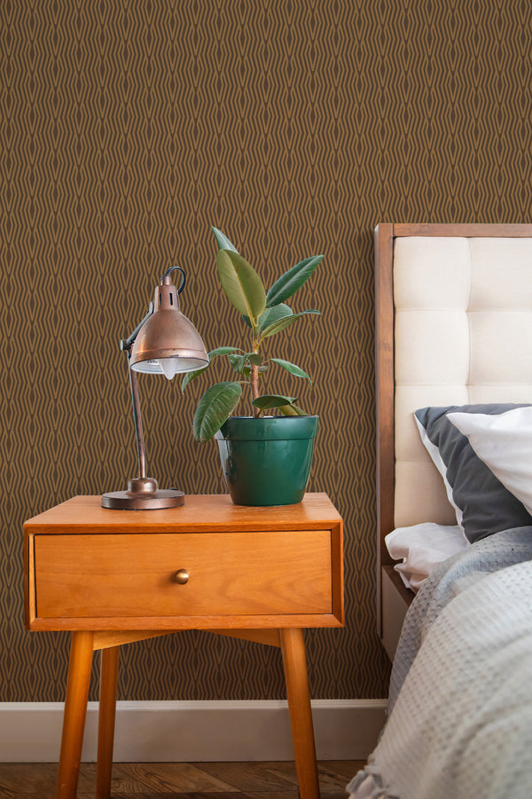stylish bedroom interior nightstand plant lamp dark cozy geometry accent wall