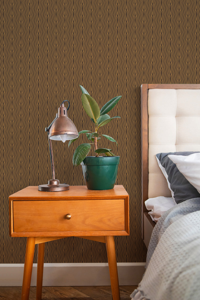 stylish bedroom interior nightstand plant lamp dark cozy geometry accent wall