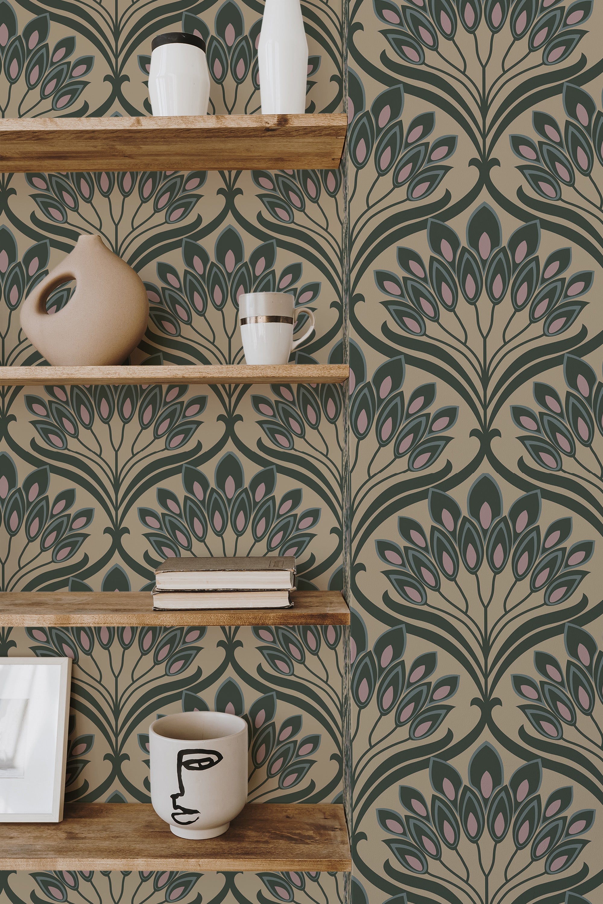 wooden shelf decor living room interior green aesthetic art deco accent wall