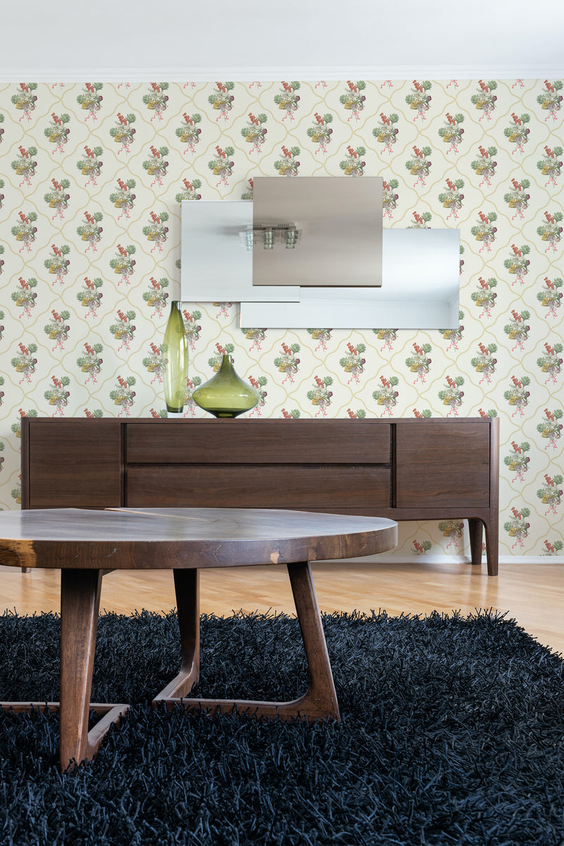 contemporary living room dark wood furniture vintage floral bouquet peel and stick wallpaper
