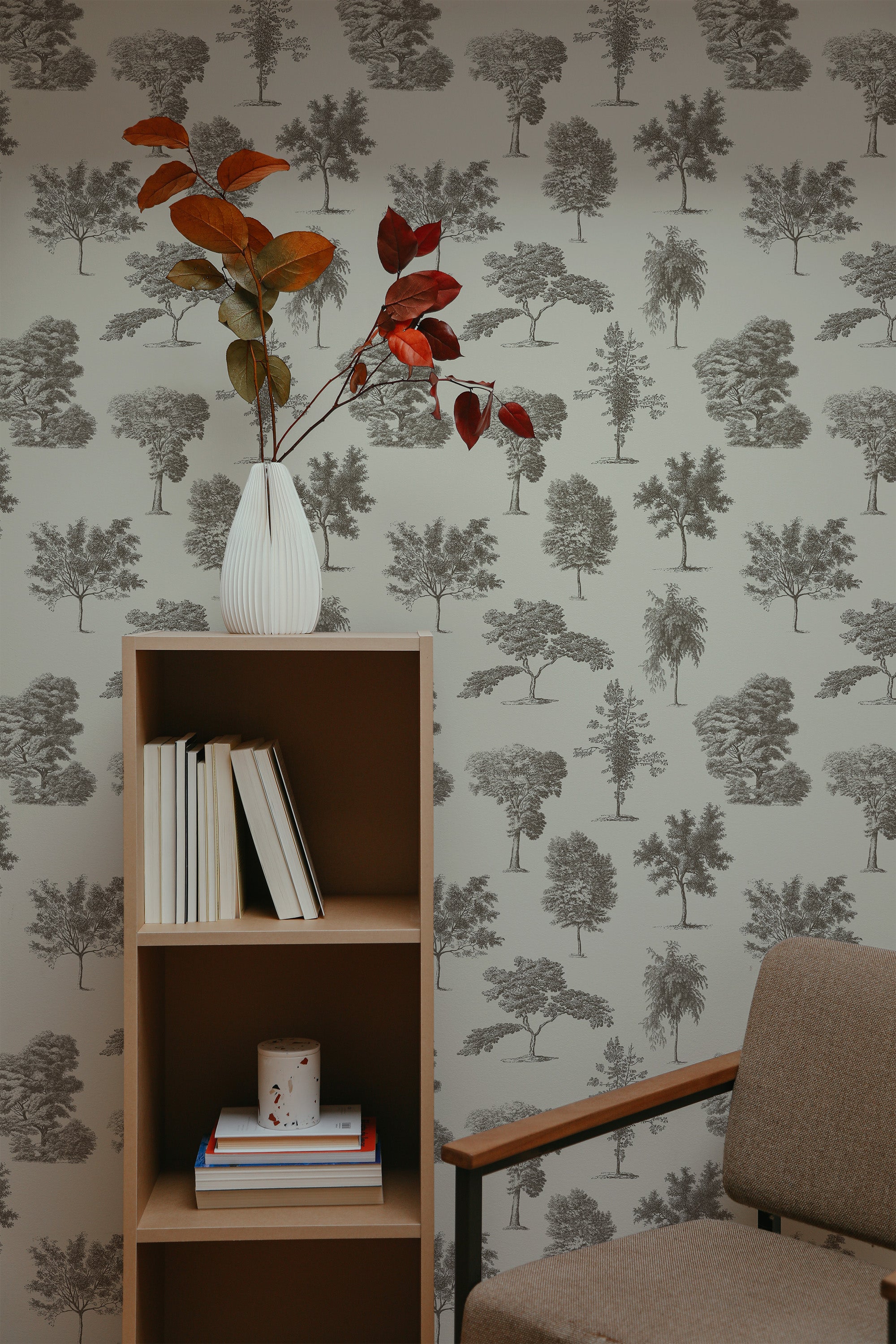 self-adhesive wallpaper vintage trees pattern bookshelf armchair decorative plant interior
