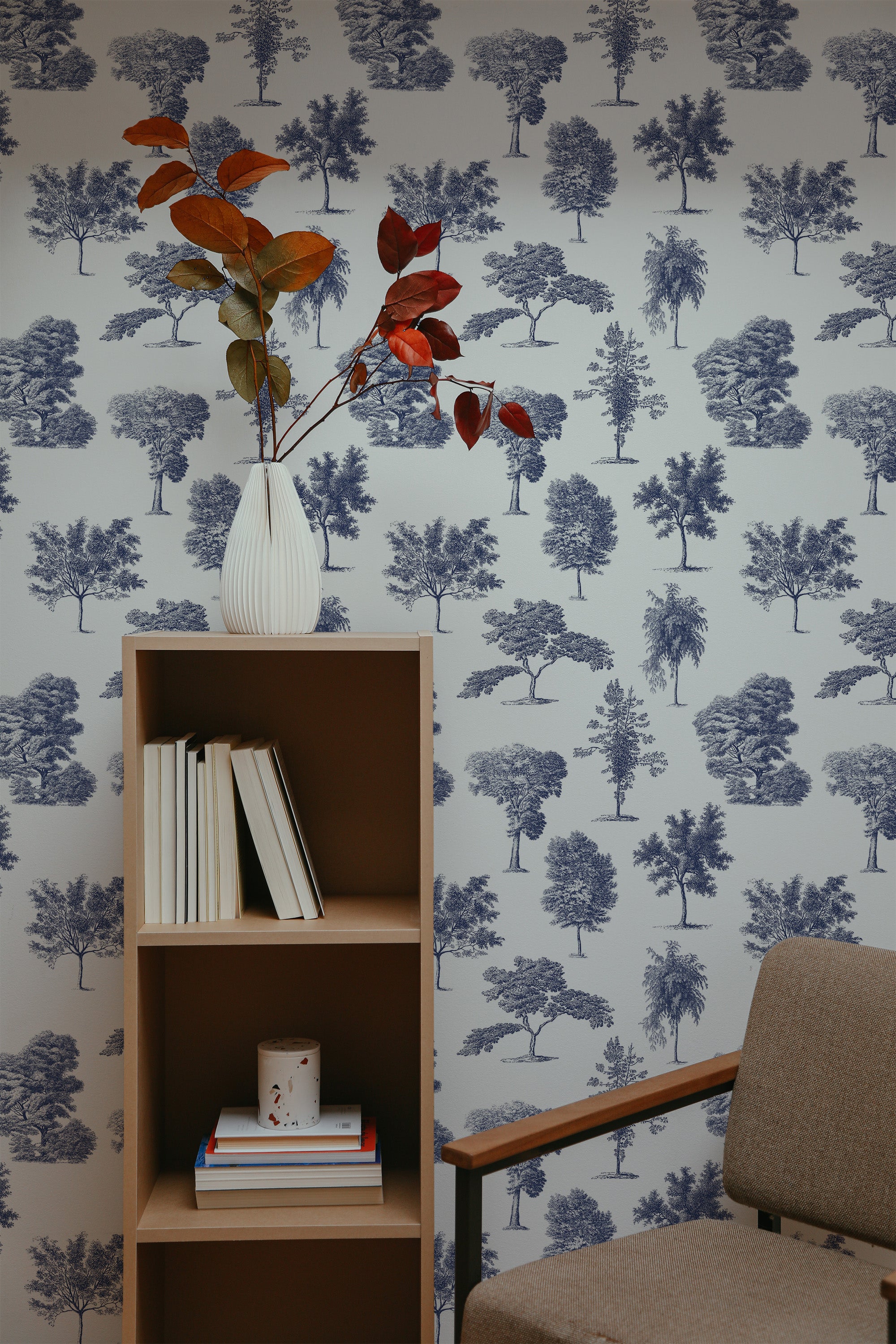self-adhesive wallpaper toile french trees pattern bookshelf armchair decorative plant interior