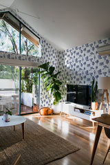 minimalist house terrace green plants living room toile french trees stick and peel wallpaper