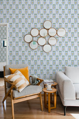 living room cozy sofa armchair pillows decor blue cottage decor peel stick wallpaper