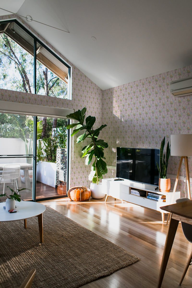 minimalist house terrace green plants living room pink bouquets and bows stick and peel wallpaper