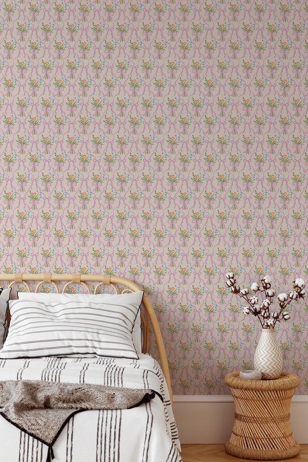 cozy bedroom interior rattan furniture decor pink bouquets and bows accent wall
