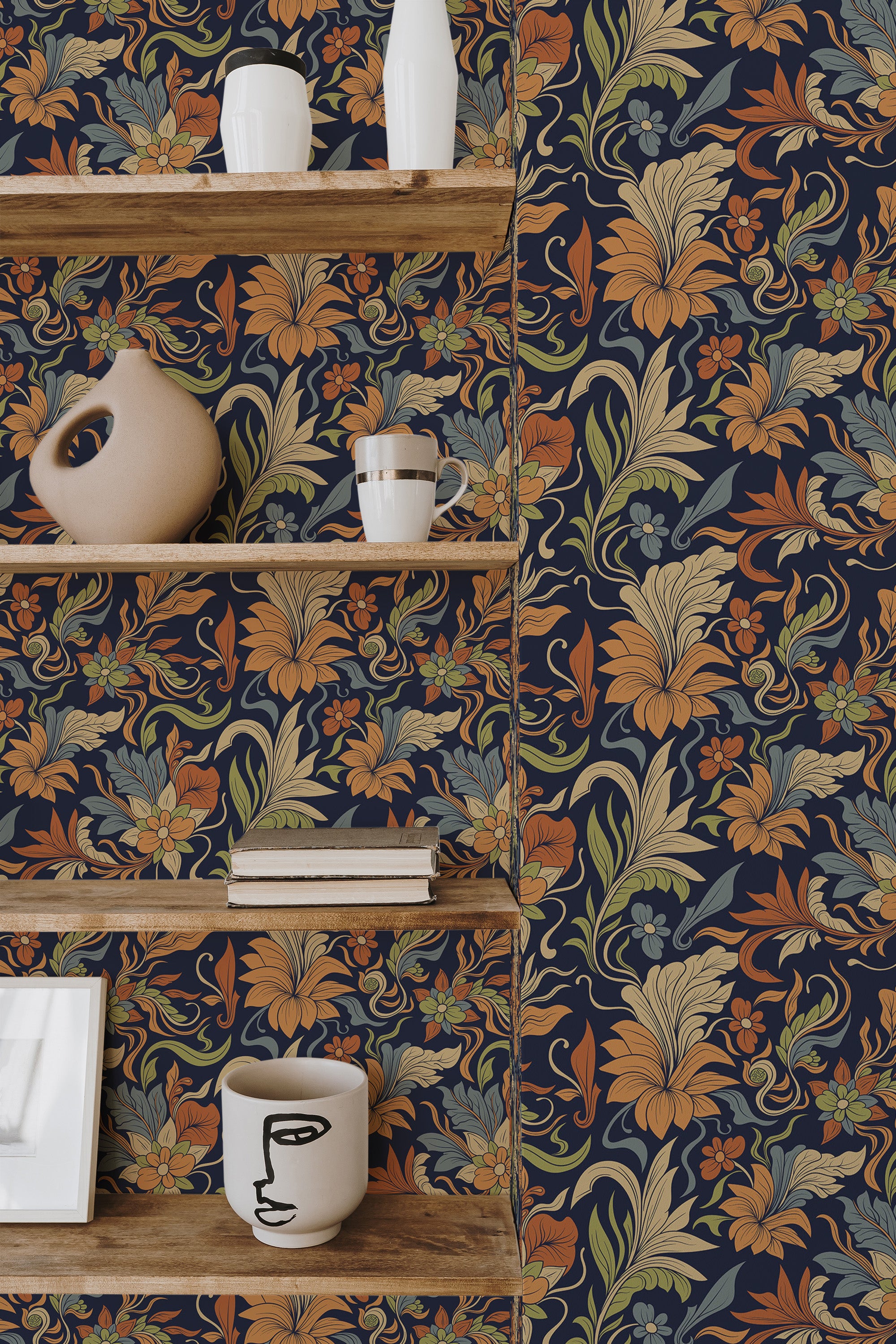 wooden shelf decor living room interior brown vintage florals accent wall