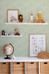 kids room toys pictures decor shelf boxes green cottagecore wallpaper for walls