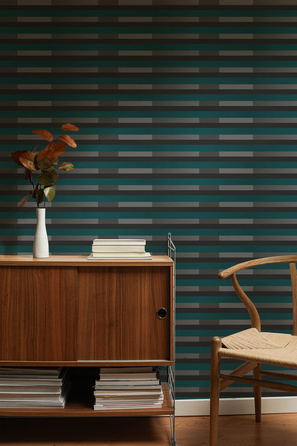traditional wallpaper gradient rythm pattern accent wall sophisticated living room interior  