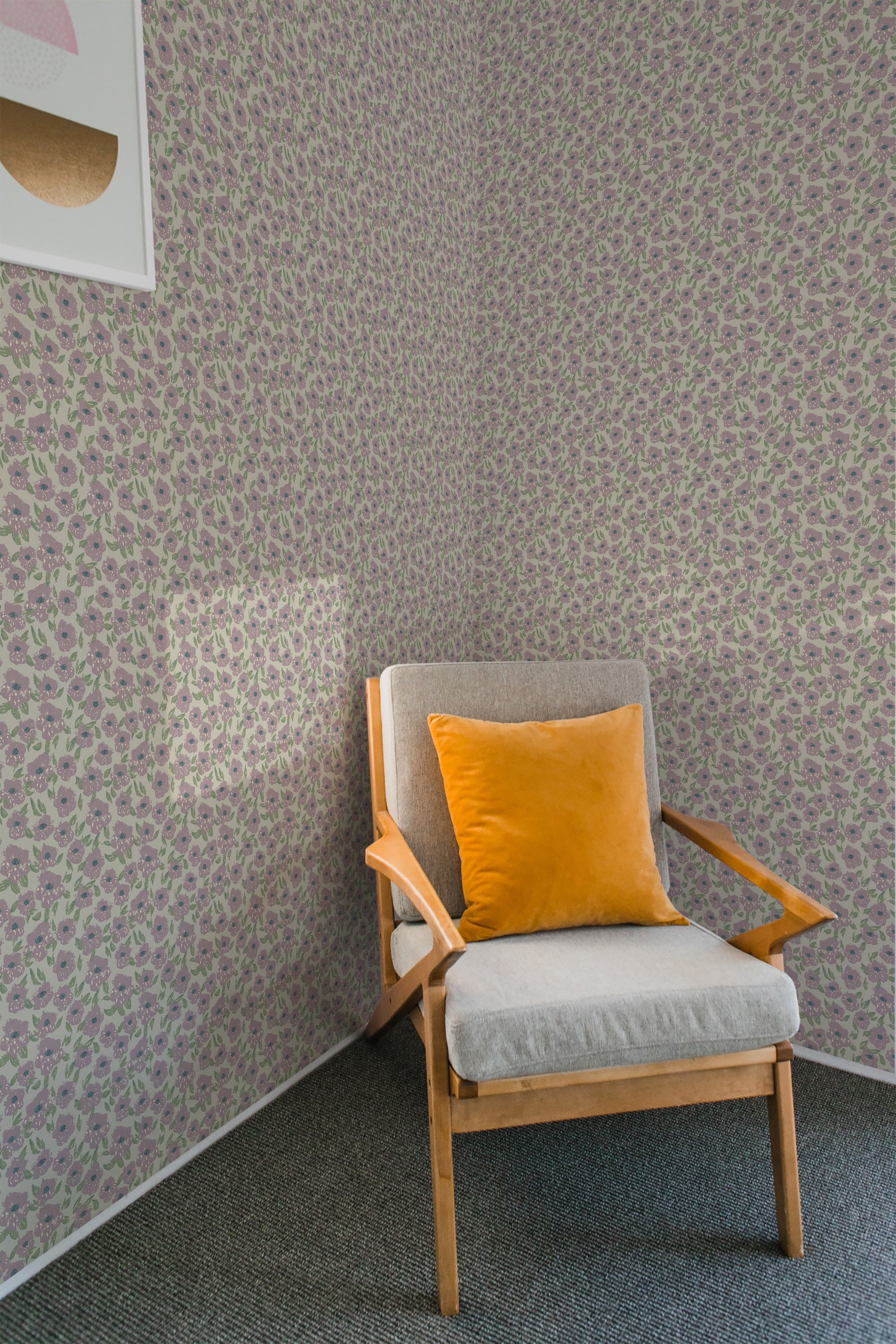 bedroom armchair cozy soft pillow interior muted cottage floral peel and stick wall paper