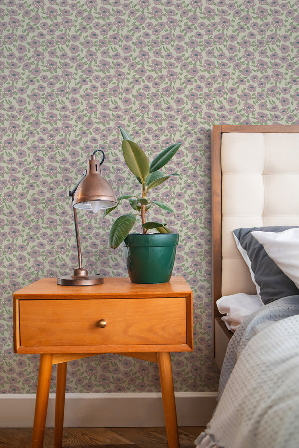 stylish bedroom interior nightstand plant lamp muted cottage floral accent wall
