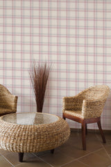 rustic armchairs coffee table lounge pink and beige plaid pattern interior