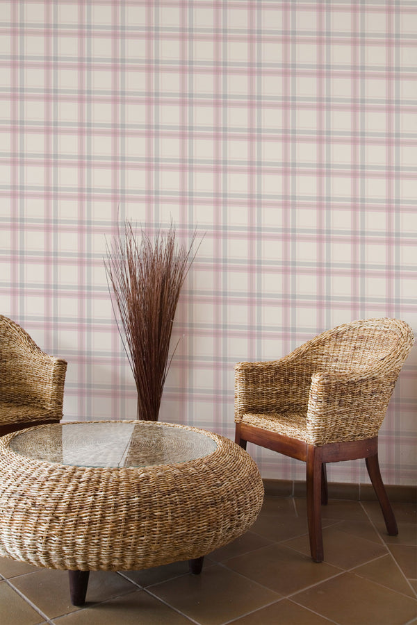 rustic armchairs coffee table lounge pink and beige plaid pattern interior