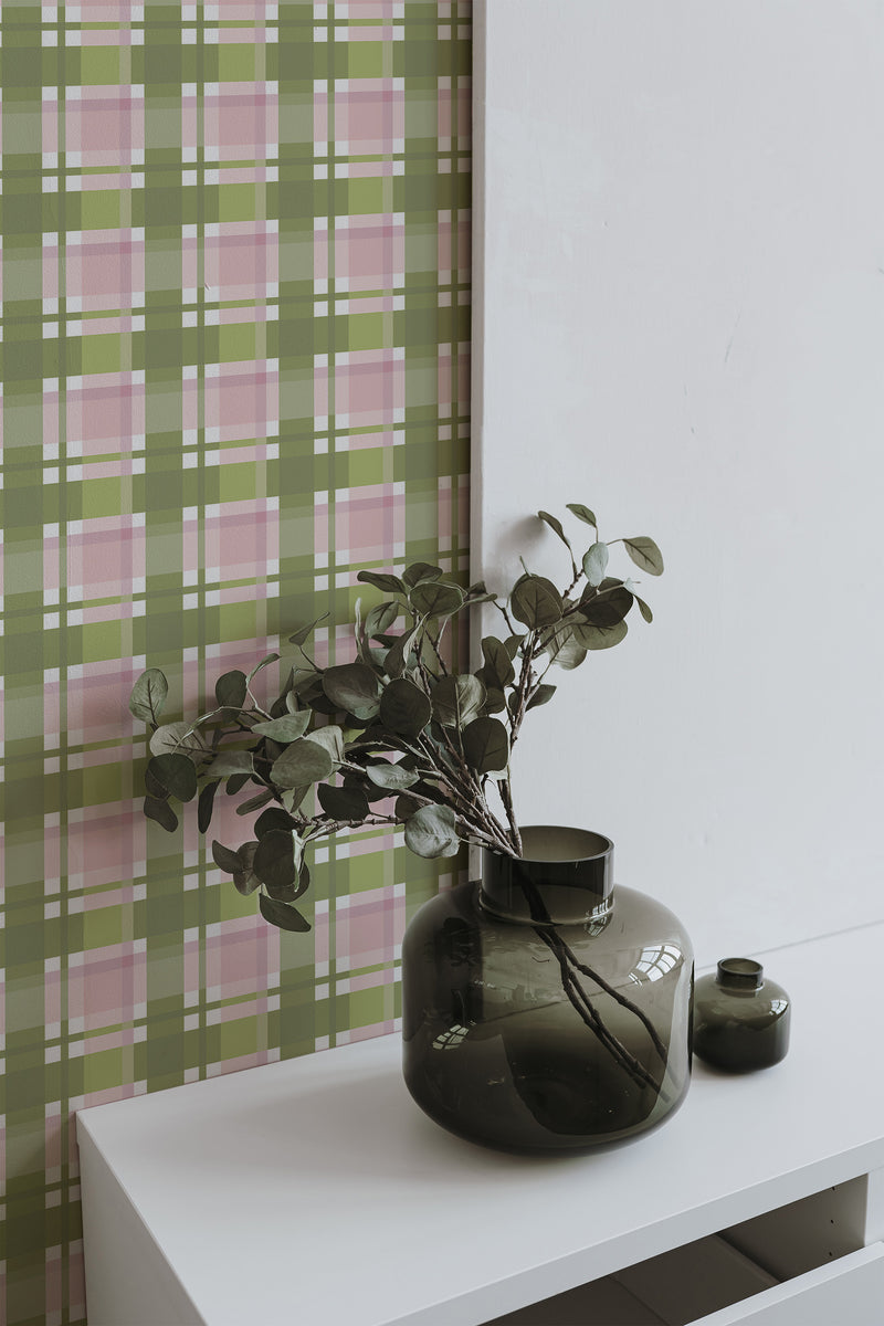 home decor plant decorative vase living room green and pink plaid pattern