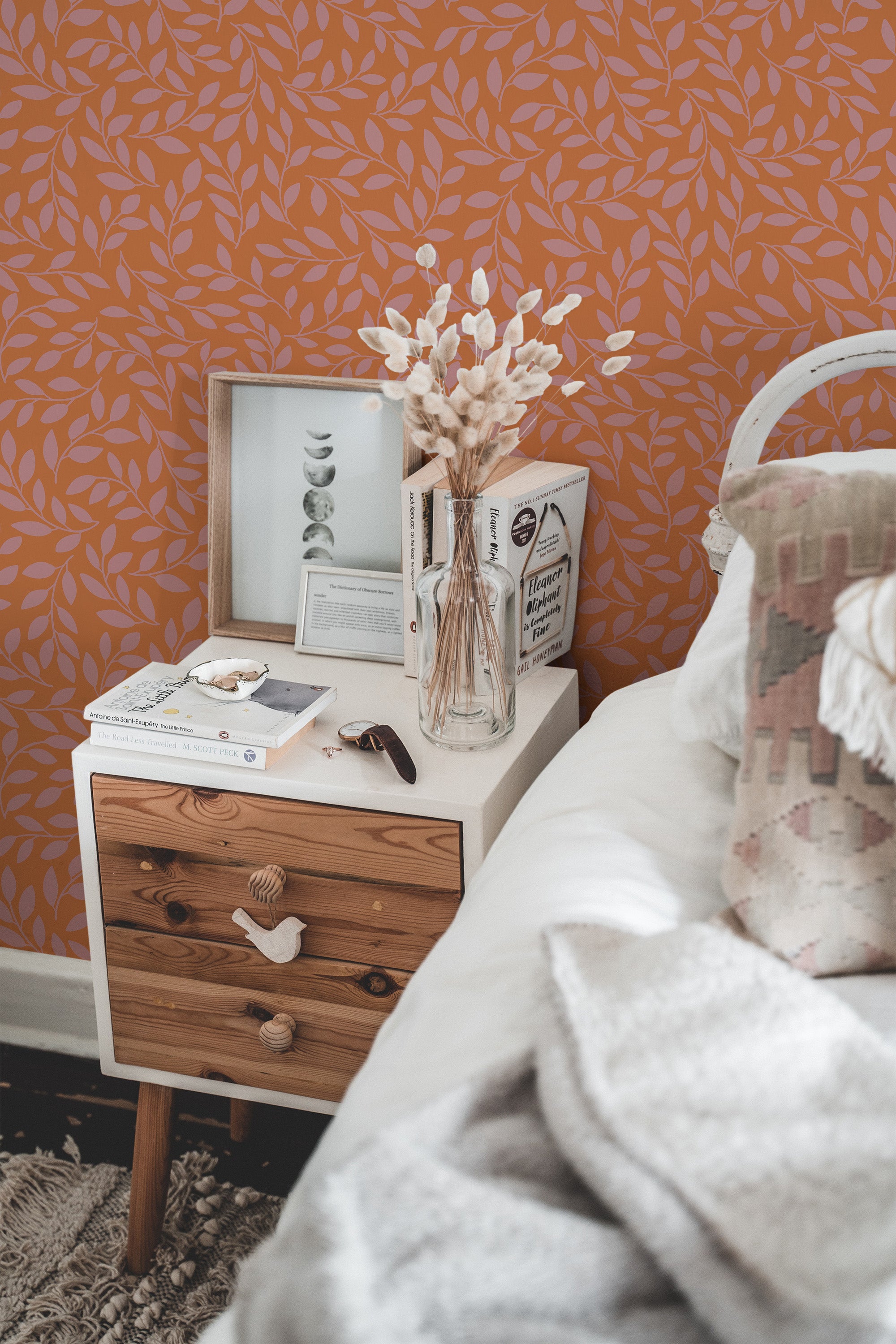 chic bedroom interior nightstand picture frame decor terracotta branch traditional wallpaper