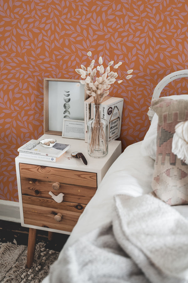 chic bedroom interior nightstand picture frame decor terracotta branch traditional wallpaper