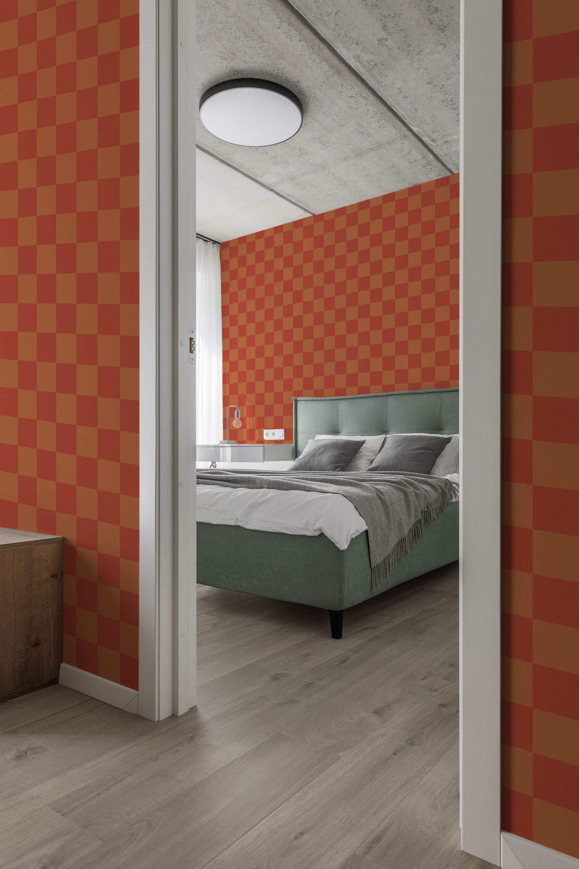 modern bedroom cushions concrete ceiling terracotta checkered accent wall