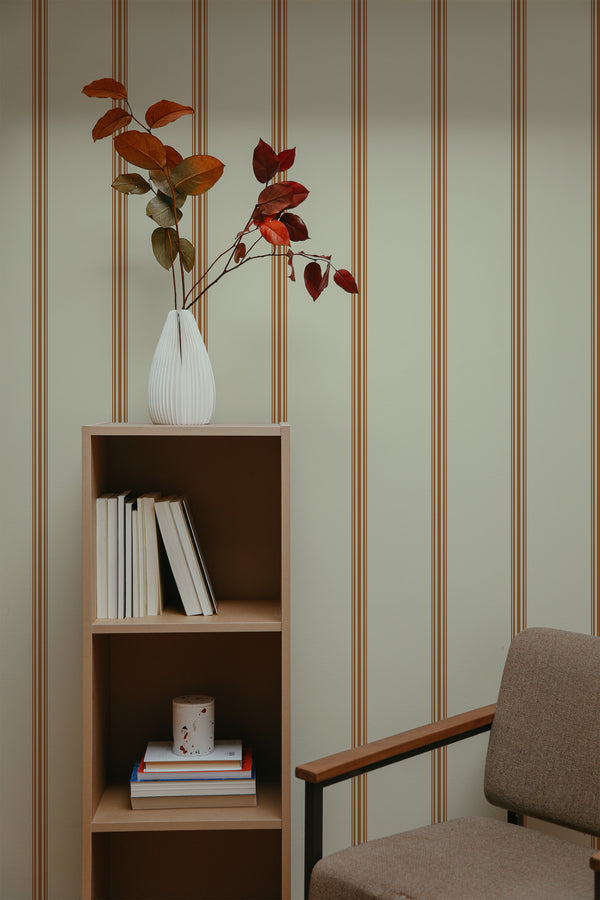 self-adhesive wallpaper warm french stripes pattern bookshelf armchair decorative plant interior