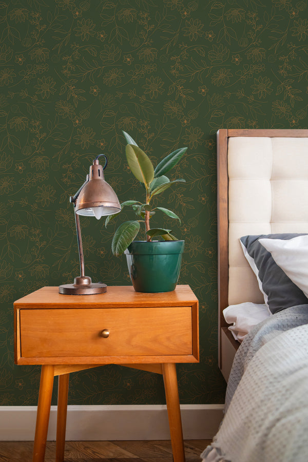 stylish bedroom interior nightstand plant lamp earthy green floral accent wall